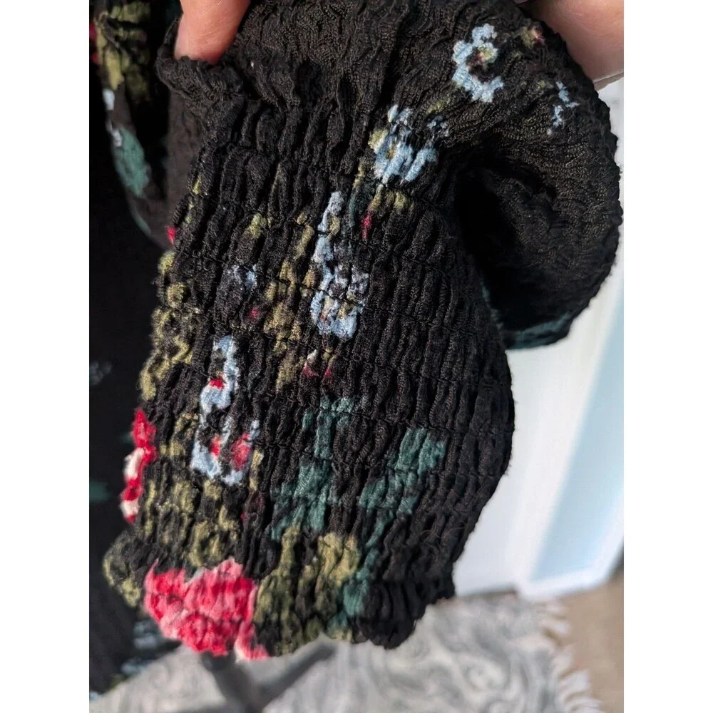 LOFT Top Women's M Multi Floral Blouse Peasant Whimsigoth Smocked Boho Puff Slv
